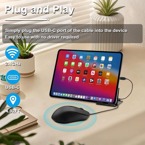 Wired Mouse Portable Small Silent USB-C Mouse with 4.92FT Cable 3 Buttons 2.4GHz Optical Type-C Corded Computer Mice for Laptop PC MacBook Tablet Phone Windows Mac Android Kids Adults Gifts (Black) in Kuwait