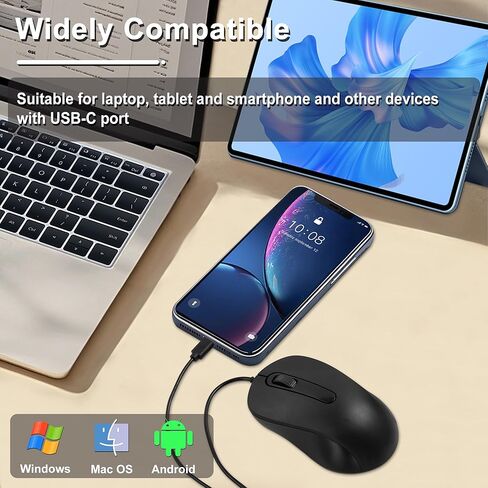 Wired Mouse Portable Small Silent USB-C Mouse with 4.92FT Cable 3 Buttons 2.4GHz Optical Type-C Corded Computer Mice for Laptop PC MacBook Tablet Phone Windows Mac Android Kids Adults Gifts (Black) in Kuwait