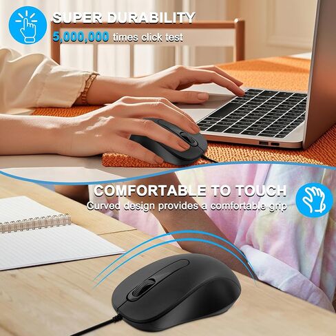 Wired Mouse Portable Small Silent USB-C Mouse with 4.92FT Cable 3 Buttons 2.4GHz Optical Type-C Corded Computer Mice for Laptop PC MacBook Tablet Phone Windows Mac Android Kids Adults Gifts (Black) in Kuwait