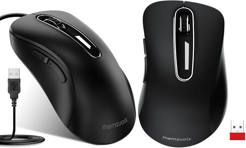 memzuoix 2.4G ماوس لاسلكي + ماوس USB سلكي لأجهزة الكمبيوتر المحمول، سطح المكتب، الكمبيوتر الشخصي، MacBook- 2 حزمة (أسود) in Kuwait