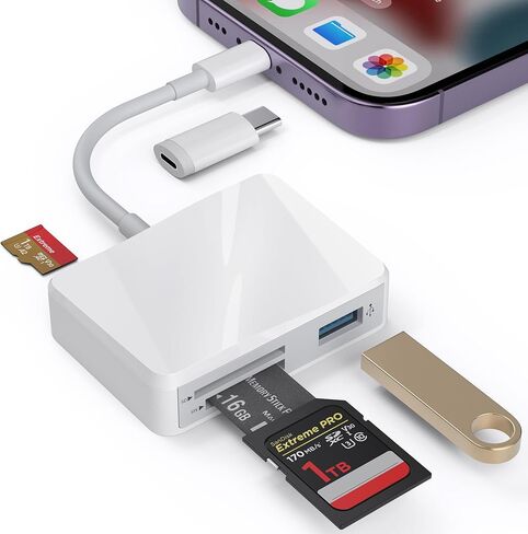 قارئ بطاقة SD لجهاز iPhone، قارئ بطاقة الذاكرة مع USB-C إلى Lightning Adapt Plug and Play Trail Game Camera Micro SD Card Viewer يدعم بطاقة SD/TF ومحول USB لجهاز iPad لا يتطلب تطبيقًا in Kuwait