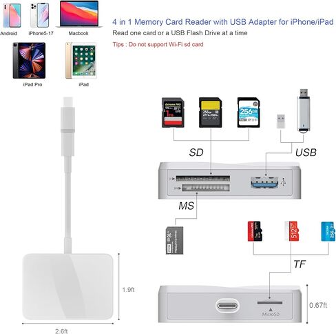 قارئ بطاقة SD لجهاز iPhone، قارئ بطاقة الذاكرة مع USB-C إلى Lightning Adapt Plug and Play Trail Game Camera Micro SD Card Viewer يدعم بطاقة SD/TF ومحول USB لجهاز iPad لا يتطلب تطبيقًا in Kuwait