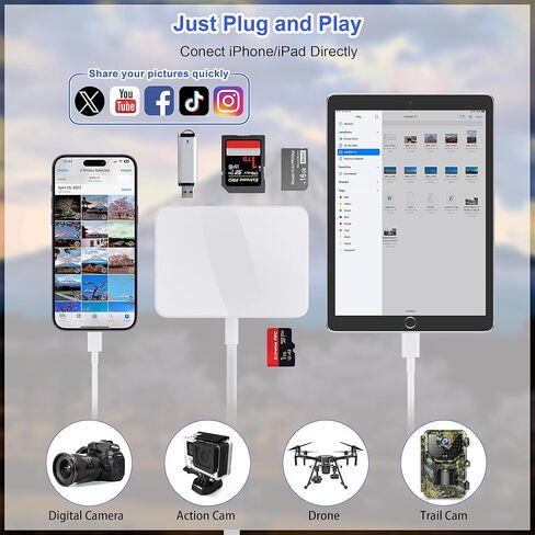 قارئ بطاقة SD لجهاز iPhone، قارئ بطاقة الذاكرة مع USB-C إلى Lightning Adapt Plug and Play Trail Game Camera Micro SD Card Viewer يدعم بطاقة SD/TF ومحول USB لجهاز iPad لا يتطلب تطبيقًا in Kuwait