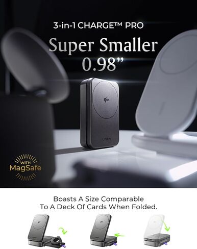 LISEN Qi2 Certified 15W for Magsafe Fast Charger for iPhone 17 Pro Max, Foldable 3-in-1 Charging Station Wireless Includes Charging Cable and Charger, for Apple Multiple Devices AirPods Apple Watch in Kuwait