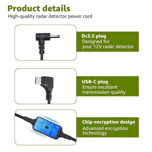 كابل طاقة USB-C إلى DC3.5 لكاشفات الرادار، سلك طاقة مستقيم 6.56FT 5V-12V نوع C متوافق مع Cobra RAD 480i، 350، 380، Uniden DFR1،3،5 Series، Whistler، & Radenso Radar Detectors in Kuwait