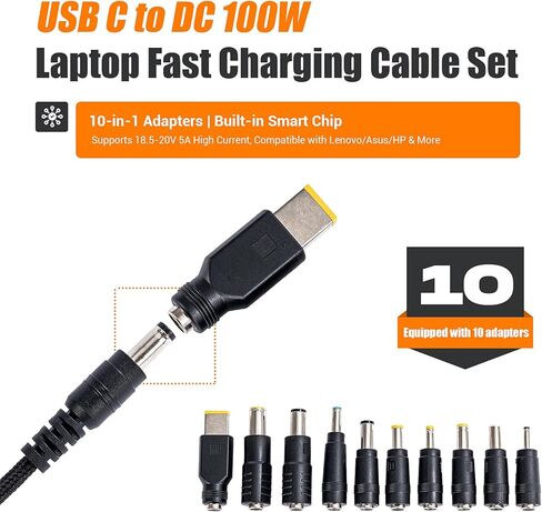 USB C to DC Charger 100W, 10 PCS Adapter Tips Kit, 20V/5A PD Fast Charging Adapter for Laptop, Monitor, Router - Universal Power Supply Solution in Kuwait