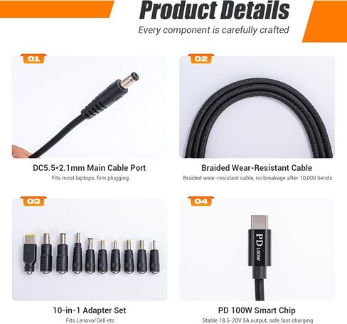 USB C to DC Charger 100W, 10 PCS Adapter Tips Kit, 20V/5A PD Fast Charging Adapter for Laptop, Monitor, Router - Universal Power Supply Solution in Kuwait