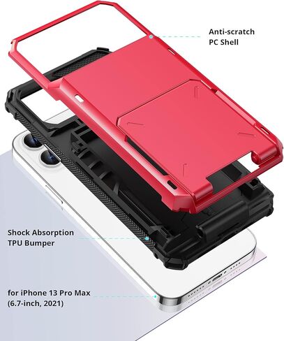 TITACUTE لهاتف iPhone 13 Pro Max حافظة محفظة 4 حامل بطاقة الائتمان غطاء قلاب تصميم فتحة لبطاقة الهوية جيب خلفي طبقة مزدوجة مضادة للخدش غطاء صلب ممتص للصدمات لهاتف iPhone 13 Pro Max 6.7 بوصة أحمر in Kuwait