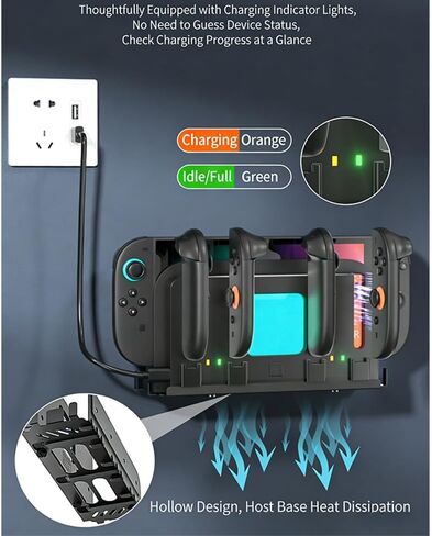 Wall Mount Organizer Charging Station for Nintendo Switch 2/1, 4 in 1 Magnetic Joycon Charging Dock with 6 RGB Light Modes in Kuwait