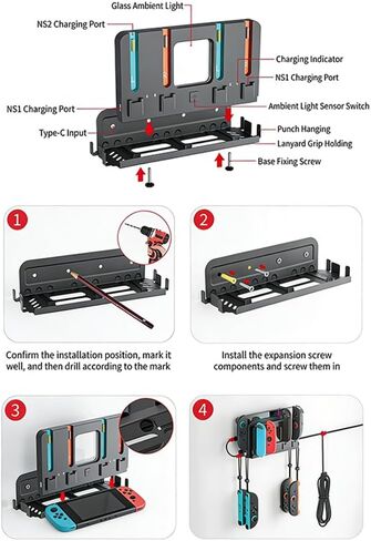 Wall Mount Organizer Charging Station for Nintendo Switch 2/1, 4 in 1 Magnetic Joycon Charging Dock with 6 RGB Light Modes in Kuwait