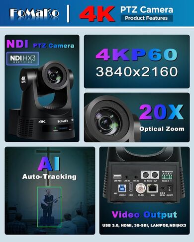 FoMaKo 4K 60fps NDI PTZ Camera, Supports NDI HX3 4K 60fps Output, 20x Optical Zoom, for News Anchor Studio and Theater LiveStreaming(K600NX3+M3+KC608 Pro) in Kuwait