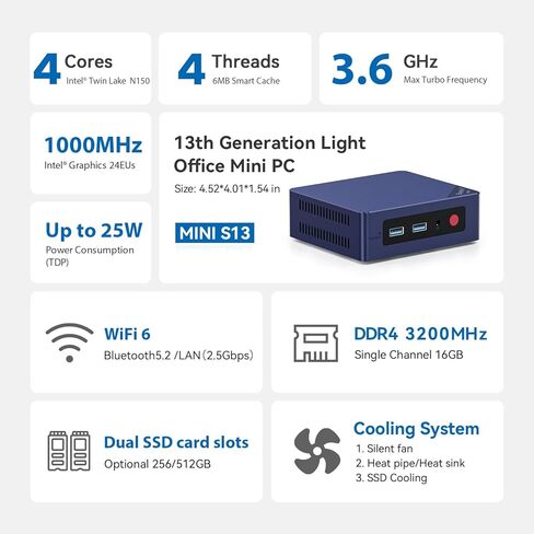 كمبيوتر صغير Beelink MINI S13 مع معالج N150، ذاكرة الوصول العشوائي 16G DDR4 + 500G SSD كمبيوتر مكتبي صغير، 2.5G LAN، WiFi6، BT5.2، شاشة مزدوجة عبر HDMI، كمبيوتر صغير للأعمال in Kuwait