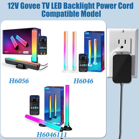 سلك طاقة لقضبان إضاءة LED 12 فولت لتلفزيون Govee الذكي مزود بإضاءة خلفية LED H6056 H6046 H6046111 محول طاقة لقضبان إضاءة Govee RGBIC مزود طاقة بتيار متردد مدرج في قائمة UL in Kuwait