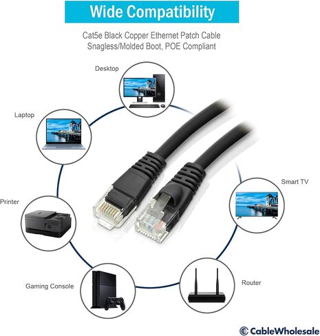 CableWholesale Cat5e Ethernet Cable, 24AWG, RJ45 Gold Plate Connector, ETL, 4 Pair Stranded Copper, Snagless Boot Unshielded Twisted Pair (UTP) Internet Network Patch Cable, 75 Foot, Black in Kuwait