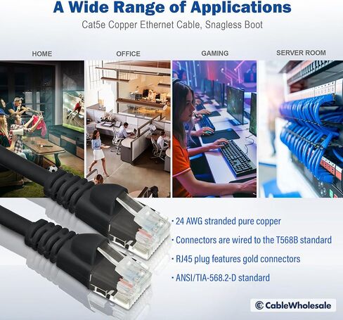 CableWholesale Cat5e Ethernet Cable, 24AWG, RJ45 Gold Plate Connector, ETL, 4 Pair Stranded Copper, Snagless Boot Unshielded Twisted Pair (UTP) Internet Network Patch Cable, 75 Foot, Black in Kuwait