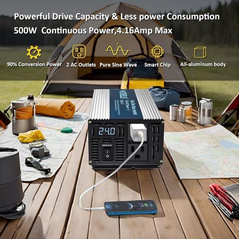WZRELB 500W محول موجة جيبية نقية 24V DC إلى 110V 120V AC محول طاقة مع شاشة LED، وحدة تحكم عن بعد، عاكس طاقة خارج الشبكة 1000W Surge للمنزل، RV، شاحنة، تخييم in Kuwait