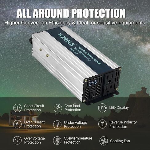 WZRELB 500W محول موجة جيبية نقية 24V DC إلى 110V 120V AC محول طاقة مع شاشة LED، وحدة تحكم عن بعد، عاكس طاقة خارج الشبكة 1000W Surge للمنزل، RV، شاحنة، تخييم in Kuwait