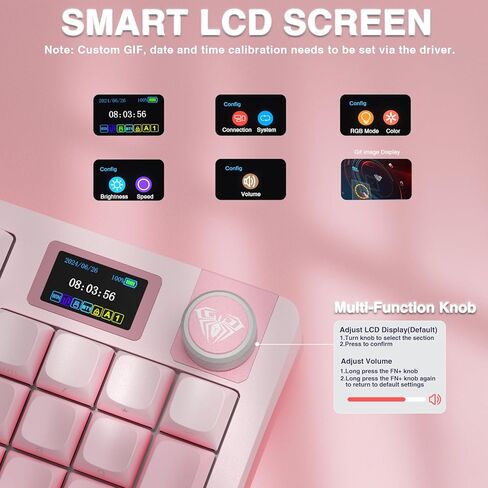Aula S98 Pro Wireless Mechanical Keyboard with Screen & Knob,2.4GHz/USB-C/BT5.0 Hot Swappable Pink Creamy Keyboard,Pre-lubed Linear Switches,Side Printed PBT Keycaps(Renewed) in Kuwait