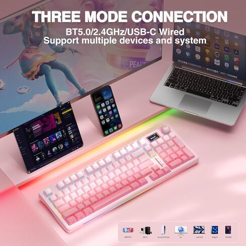 Aula S98 Pro Wireless Mechanical Keyboard with Screen & Knob,2.4GHz/USB-C/BT5.0 Hot Swappable Pink Creamy Keyboard,Pre-lubed Linear Switches,Side Printed PBT Keycaps(Renewed) in Kuwait