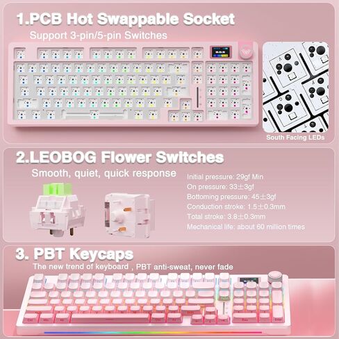 Aula S98 Pro Wireless Mechanical Keyboard with Screen & Knob,2.4GHz/USB-C/BT5.0 Hot Swappable Pink Creamy Keyboard,Pre-lubed Linear Switches,Side Printed PBT Keycaps(Renewed) in Kuwait