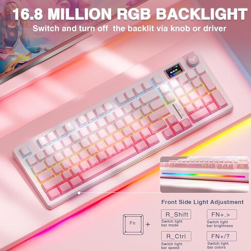 Aula S98 Pro Wireless Mechanical Keyboard with Screen & Knob,2.4GHz/USB-C/BT5.0 Hot Swappable Pink Creamy Keyboard,Pre-lubed Linear Switches,Side Printed PBT Keycaps(Renewed) in Kuwait