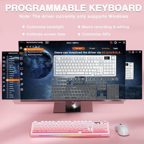 Aula S98 Pro Wireless Mechanical Keyboard with Screen & Knob,2.4GHz/USB-C/BT5.0 Hot Swappable Pink Creamy Keyboard,Pre-lubed Linear Switches,Side Printed PBT Keycaps(Renewed) in Kuwait