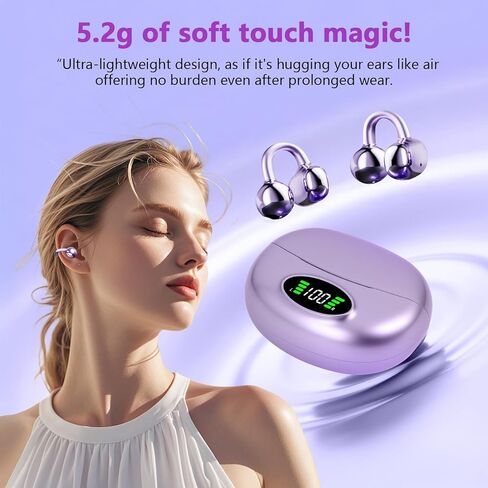 Clip on Headphones,Open Bluetooth 5.4 Earbuds with LED Digital Display Built-in Mic IPX7 Waterproof 50H Playback Sports Bone Conduction Earphones Suitable for Small Ears and Eyeglass Wearers (Purple)4 in Kuwait