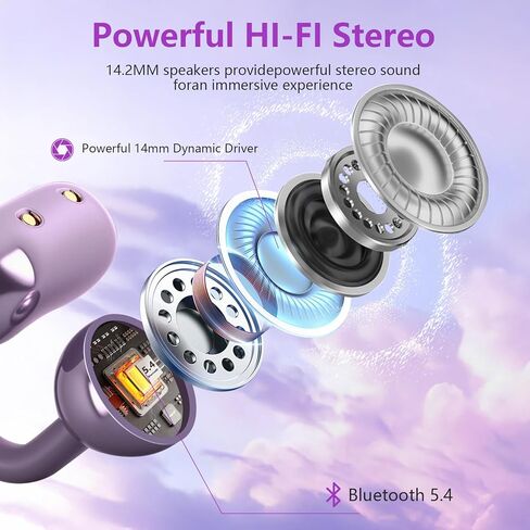Clip on Headphones,Open Bluetooth 5.4 Earbuds with LED Digital Display Built-in Mic IPX7 Waterproof 50H Playback Sports Bone Conduction Earphones Suitable for Small Ears and Eyeglass Wearers (Purple)4 in Kuwait