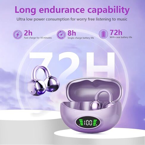 Clip on Headphones,Open Bluetooth 5.4 Earbuds with LED Digital Display Built-in Mic IPX7 Waterproof 50H Playback Sports Bone Conduction Earphones Suitable for Small Ears and Eyeglass Wearers (Purple)4 in Kuwait