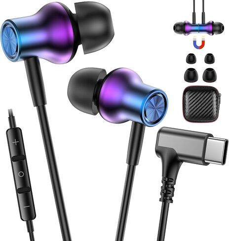 USB C Earbuds for Samsung S26 Ultra S25 Wired Type-C Headphones C Plug 90° Right Angle Earphones for Google Pixel 10a 9 Pro for iPhone 17 Pro 16 15 Cord Headphone with Microphone Volume Control Purple in Kuwait