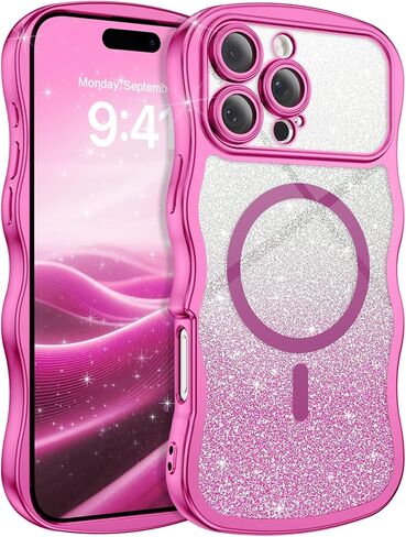 حافظة BENTOBEN لهاتف iPhone 16 Pro Max شفافة، [متوافقة مع MagSafe] [حماية كاملة للكاميرا] [إطار مموج لطيف] [بطاقات لامعة DIY] حافظة هاتف 16ProMax مطلية بالكهرباء ومضادة للصدمات مقاس 6.9 بوصة، وردي فاقع in Kuwait