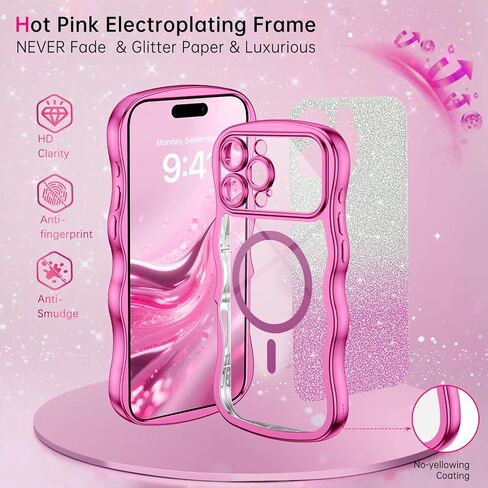 حافظة BENTOBEN لهاتف iPhone 16 Pro Max شفافة، [متوافقة مع MagSafe] [حماية كاملة للكاميرا] [إطار مموج لطيف] [بطاقات لامعة DIY] حافظة هاتف 16ProMax مطلية بالكهرباء ومضادة للصدمات مقاس 6.9 بوصة، وردي فاقع in Kuwait