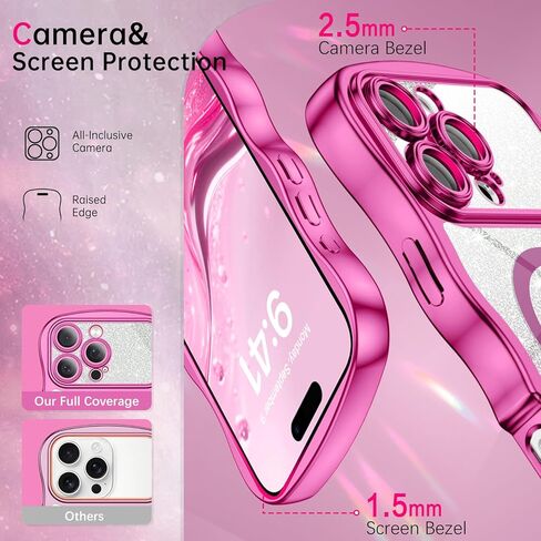حافظة BENTOBEN لهاتف iPhone 16 Pro Max شفافة، [متوافقة مع MagSafe] [حماية كاملة للكاميرا] [إطار مموج لطيف] [بطاقات لامعة DIY] حافظة هاتف 16ProMax مطلية بالكهرباء ومضادة للصدمات مقاس 6.9 بوصة، وردي فاقع in Kuwait