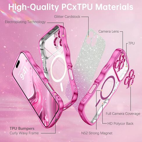 حافظة BENTOBEN لهاتف iPhone 16 Pro Max شفافة، [متوافقة مع MagSafe] [حماية كاملة للكاميرا] [إطار مموج لطيف] [بطاقات لامعة DIY] حافظة هاتف 16ProMax مطلية بالكهرباء ومضادة للصدمات مقاس 6.9 بوصة، وردي فاقع in Kuwait