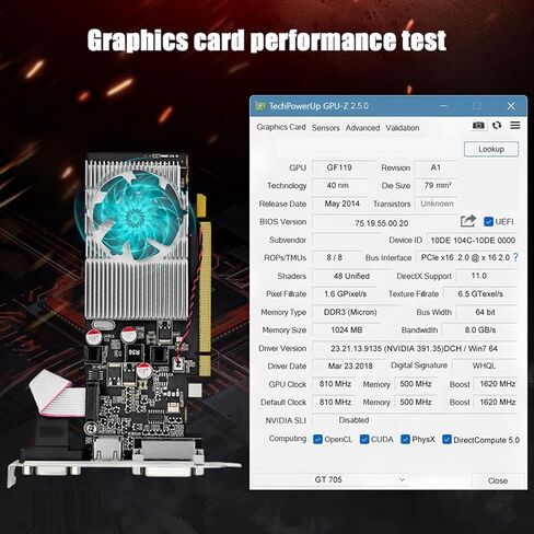 بطاقة رسومات GDDR3 سعة 1 جيجابايت 64 بت 1029-1228 ميجاهرتز PCI Express VGA DVI منفذ 1080P مع دعامة منخفضة ومروحة هادئة لألعاب الكمبيوتر المكتبي والمكاتب in Kuwait