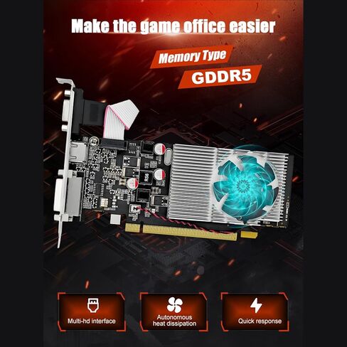 بطاقة رسومات GDDR3 سعة 1 جيجابايت 64 بت 1029-1228 ميجاهرتز PCI Express VGA DVI منفذ 1080P مع دعامة منخفضة ومروحة هادئة لألعاب الكمبيوتر المكتبي والمكاتب in Kuwait