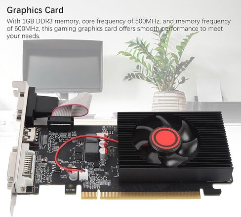بطاقة رسومات Zopsc 1 جيجا DDR3 64 بت، بطاقة فيديو PCIe 2.0 مع HDMI DVI VGA، رسومات ألعاب بمروحة تبريد واحدة للكمبيوتر المكتبي والكمبيوتر المكتبي in Kuwait