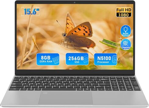 كمبيوتر محمول 15.6 بوصة بدقة FHD، ذاكرة وصول عشوائي 8 جيجابايت ومحرك أقراص SSD سعة 256 جيجابايت، كمبيوتر محمول N5100، قارئ بصمات الأصابع، لوحة مفاتيح بإضاءة خلفية، كمبيوتر محمول رفيع للأعمال للطلاب للعمل المدرسي والمنزل، فضي in Kuwait