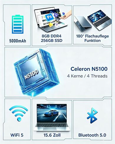 كمبيوتر محمول 15.6 بوصة بدقة FHD، ذاكرة وصول عشوائي 8 جيجابايت ومحرك أقراص SSD سعة 256 جيجابايت، كمبيوتر محمول N5100، قارئ بصمات الأصابع، لوحة مفاتيح بإضاءة خلفية، كمبيوتر محمول رفيع للأعمال للطلاب للعمل المدرسي والمنزل، فضي in Kuwait