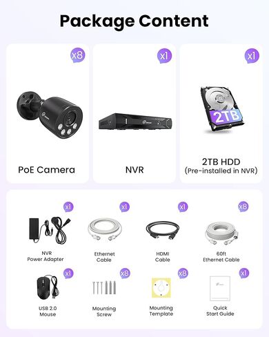 Loocam NVR Security Camera System 8CH 8MP with 2TB HDD, 8pcs 4K POE IP Cameras for Home Security, AI Human/Vehicle Detection, 24/7 Recording POE Camera System, Remote Access, Plug & Play in Saudi Arabia
