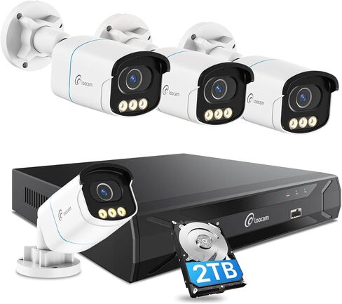نظام كاميرا Loocam 5MP POE للرؤية الليلية الملونة، نظام كاميرا أمان سلكي 4 قطع، H.265+ 8CH NVR مع 2 تيرابايت HDD للتسجيل على مدار الساعة طوال أيام الأسبوع، اكتشاف الإنسان/المركبة بالذكاء الاصطناعي، إنذار صفارات الإنذار، صوت ثنائي الاتجاه in Kuwait
