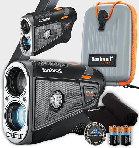 Bushnell Tour V6 Golf Rangefinder - PinSeeker with Visual JOLT, BITE Mount, & IPX6 Rating - Bundle with Bushnell Golf Carrying Case, PlayBetter Microfiber Towel, 2 CR2 Batteries, & More in Saudi Arabia