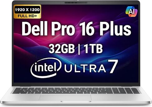 Dell Pro 16 Plus PB16250 (يستبدل Latitude 5550) AI Business Notebook 16 بوصة FHD+ Intel Ultra 7-265U، ذاكرة الوصول العشوائي DDR5 سعة 32 جيجابايت، 1 تيرابايت SSD PCIe، Wi-Fi 6E، BT، لوحة مفاتيح بإضاءة خلفية، كاميرا ويب HD، RJ-45، ويندوز 11 برو - فضي in Kuwait