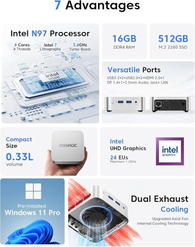 ACEMAGIC V1 Mini PC Computers, N97 16GB DDR4 RAM 1TB SSD Mini Computers, Mini Desktops Support Dual 4K, WiFi, Bluetooth, Small PC for Business Home Office in Kuwait