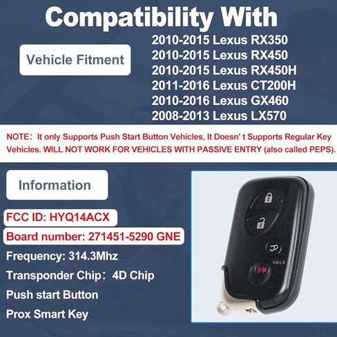 DIY Key Fob Replacement Kit Fits for Lexus RX350 RX450H CT200H GX460 LX570 2010-2015 Keyless Entry Remote Control FCC ID:HYQ14ACX 271451-5290 GNE Board 4-Button in Kuwait