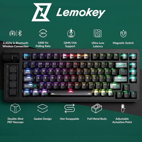 لوحة مفاتيح ألعاب LEMOKEY L1 HE 75% Hall Effect RGB، هيكل ألومنيوم كامل، اتصال ثلاثي الأوضاع، مشغل سريع وتشغيل قابل للتعديل، قابل للتبديل السريع، مكون الويب، مع مقبض، لنظامي التشغيل Windows وMac in Kuwait