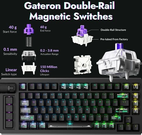 لوحة مفاتيح ألعاب LEMOKEY L1 HE 75% Hall Effect RGB، هيكل ألومنيوم كامل، اتصال ثلاثي الأوضاع، مشغل سريع وتشغيل قابل للتعديل، قابل للتبديل السريع، مكون الويب، مع مقبض، لنظامي التشغيل Windows وMac in Kuwait