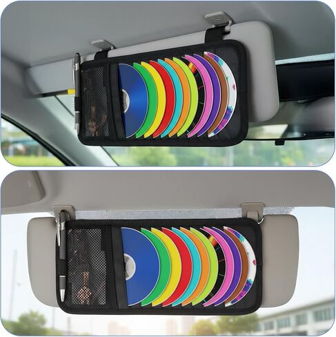 Car CD Case Holder Car Visor CD Holder DVD Vehicle Visor Storage Orangizer Large Capacity Sun Visors Organizer for CDs Visors Case with 12 DVD Storage Sleeves Mesh Pocket Pen Holders and Elastic Strap in Kuwait