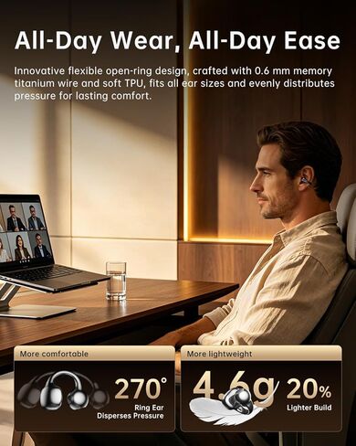 Open Ear Clip-On Earbuds, Wireless Bluetooth Ear Cuff Headphones, Ultra-Lightweight Snug Secure Fit, Glasses Friendly, AI Clear Calls, IPX5 Water-Resistant, 50H Playtime for Workout & Driving in Kuwait