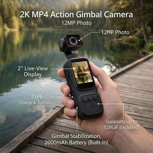 Tangxi 2K HD WiFi Action Camera, Handheld Vlogging Camera with 270 Rotating Lens, 2 Inch Display, Loop Recording, 7H Battery, Built in Condenser Mic, for Outdoor Sports in Kuwait